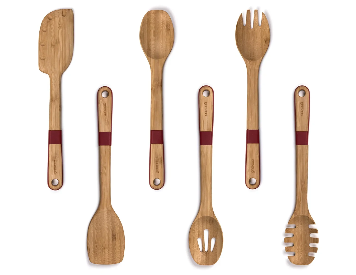 Cookduo Bamboo Grip eco-friendly kitchen tools six-piece set top-down, showing natural bamboo with red wraparound silicone grips for comfort