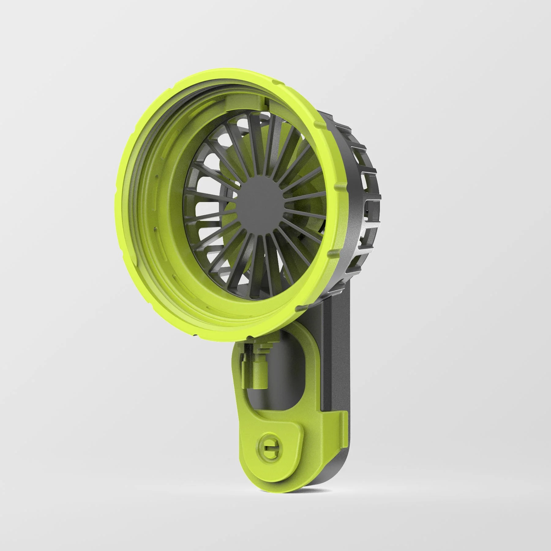 Side profile of the DRYE Fan hydration reservoir drying system with the integrated hanging hook attached at the base for hands-free drying