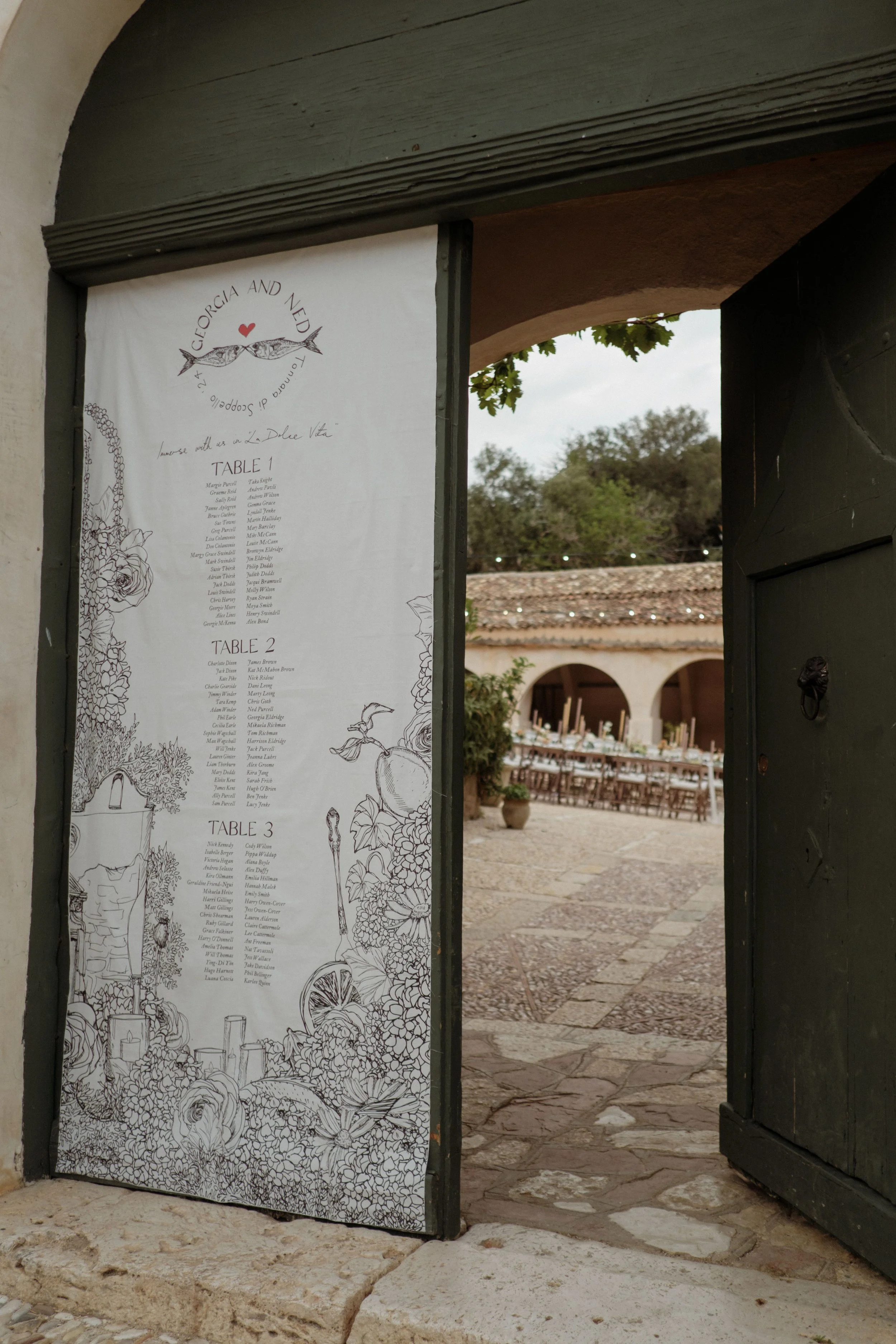 Table plan on door, outdoor long tables for Italian wedding