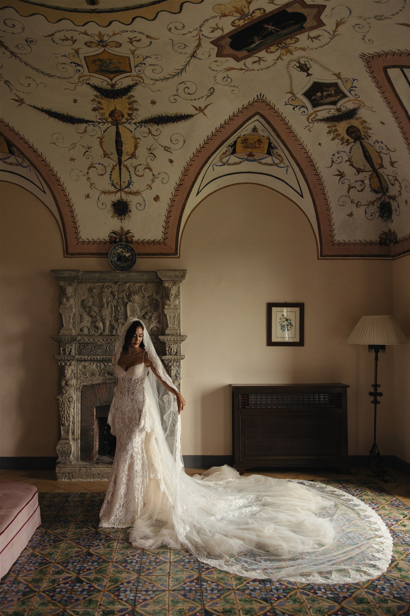 Bride in custom Galia Lahav at wedding in Italy, Amalfi Coast, Villa CImbrone