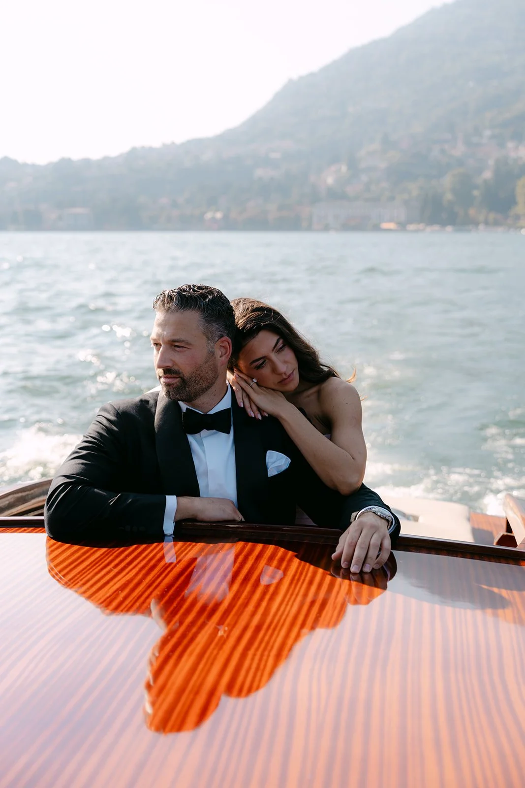 Couple Lake Como boat ride for Italian wedding