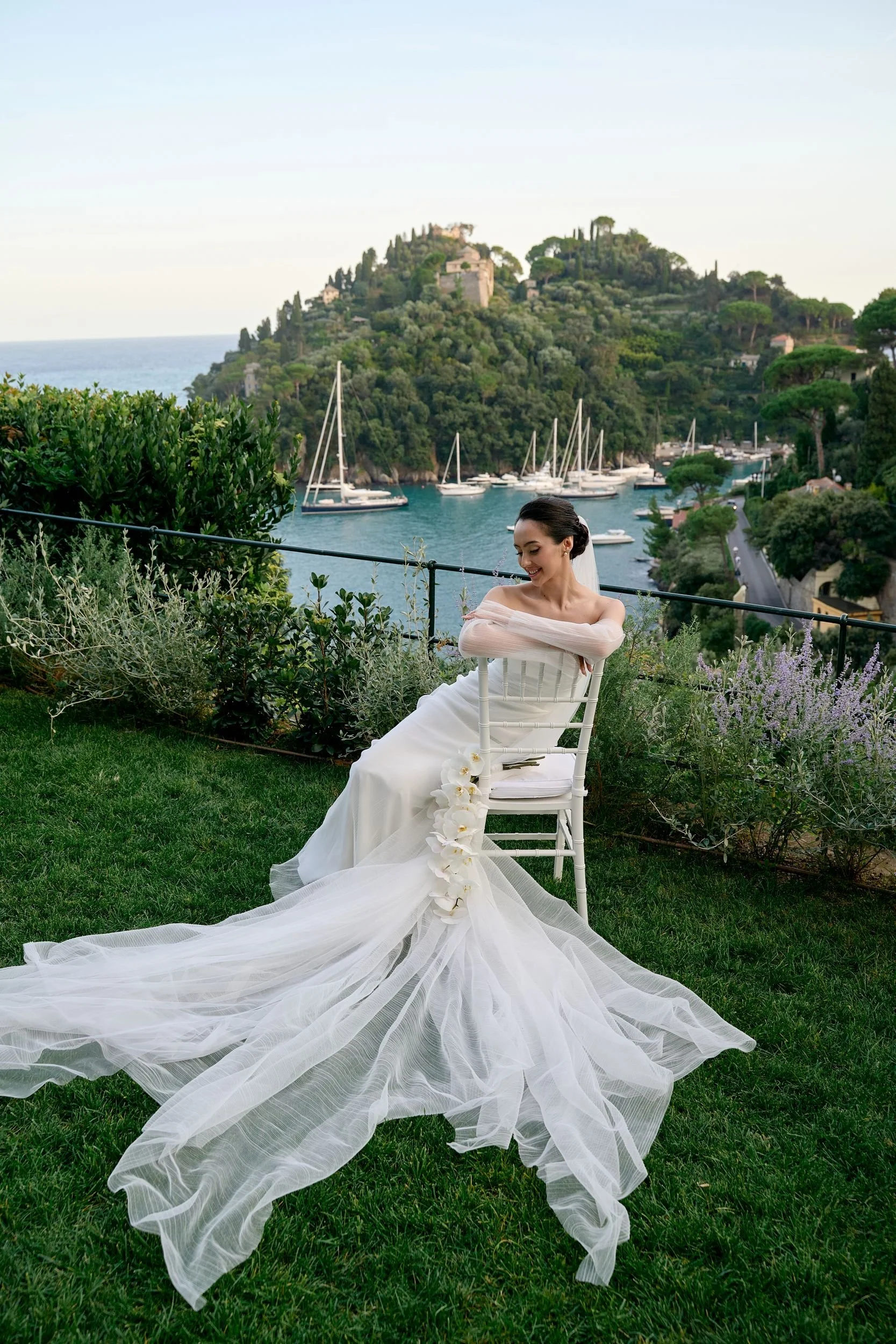 Portofino wedding backdrop, dress by