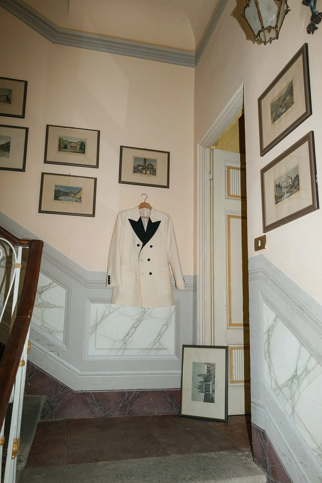 Gucci suit at Tuscany wedding at Villa Michaela