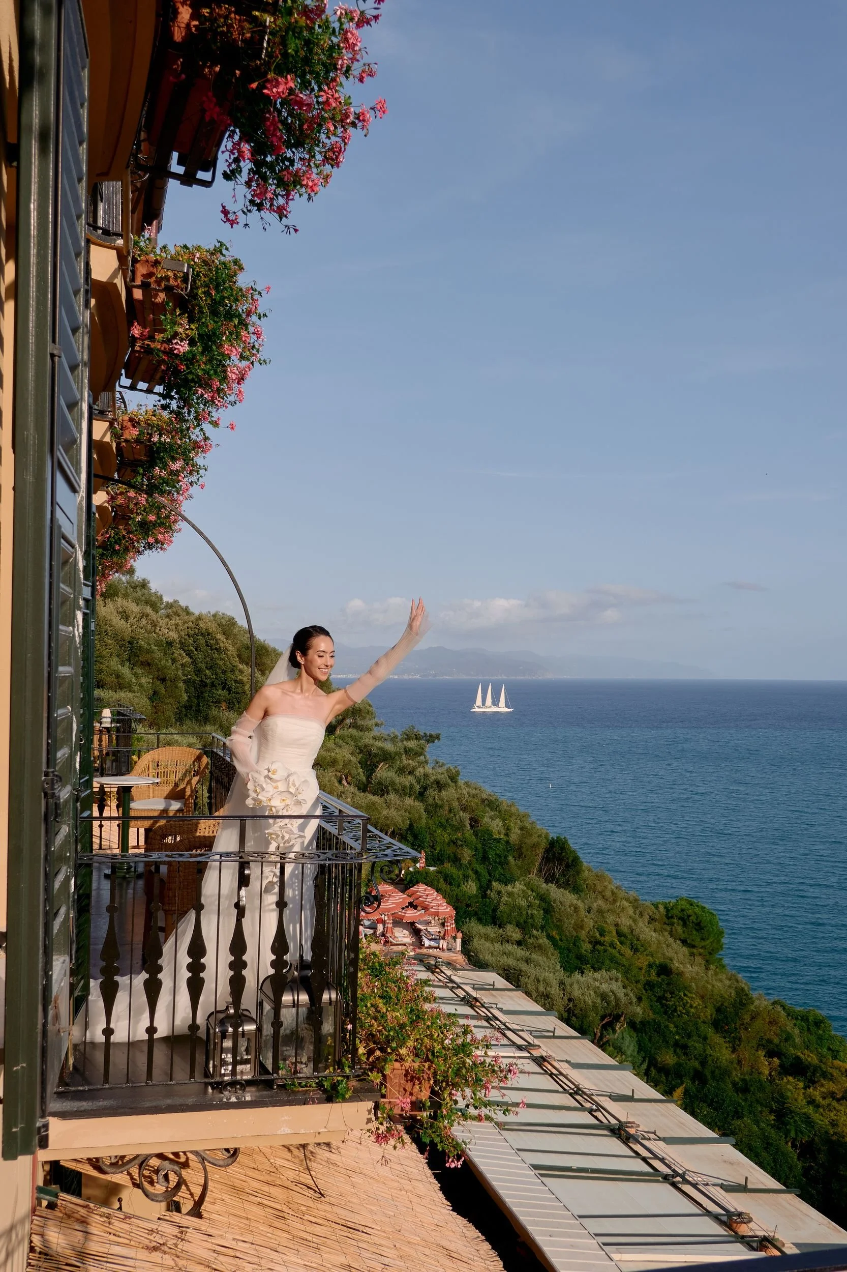 Bride on balcony at Portofino wedding venue in Italy