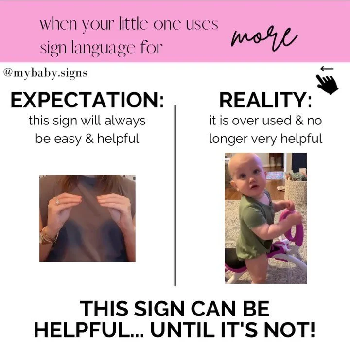 "MORE" isn't always the (sign language) answer &amp; here's what I mean.
⠀⠀⠀⠀⠀⠀⠀⠀⠀
Hey, I&rsquo;m Laura! 🤟Former Teacher of the Deaf, Sign Language Expert, and mom of 2. I teach parents how to use sign language with their baby or toddler f