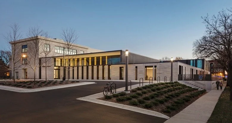 Temple Israel's modern addition and parking lot.