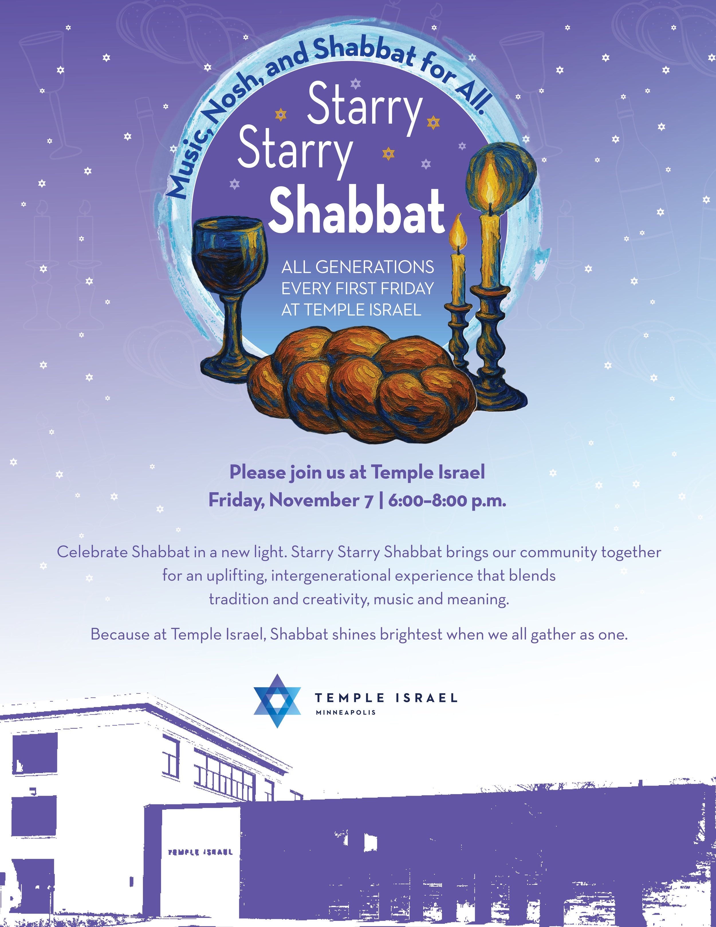 Poster with painterly logo of wine challah and candles in a night sky over Temple. Starry Starry Shabbat, every first Friday starting November 7