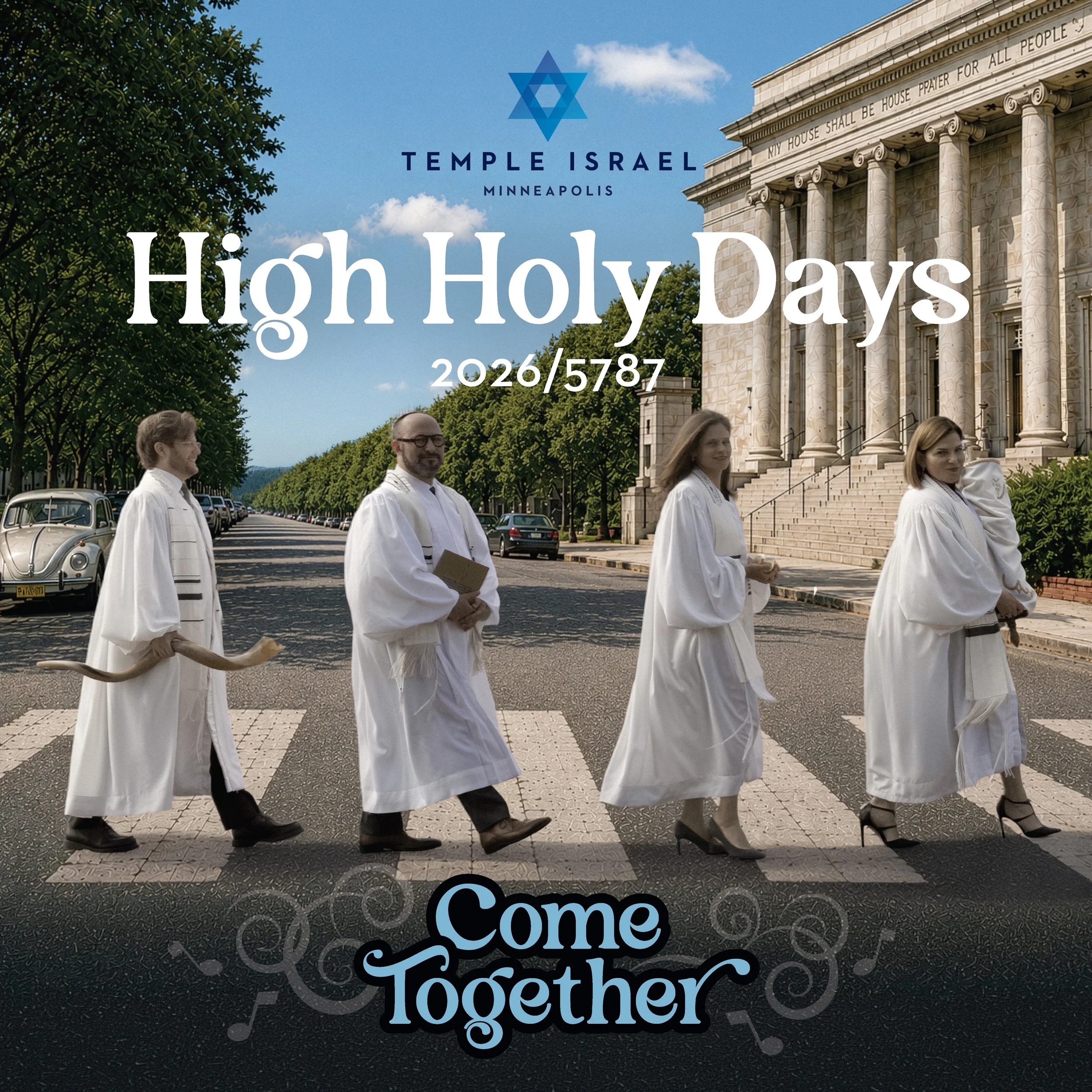 Temple clergy in white robes crossing street