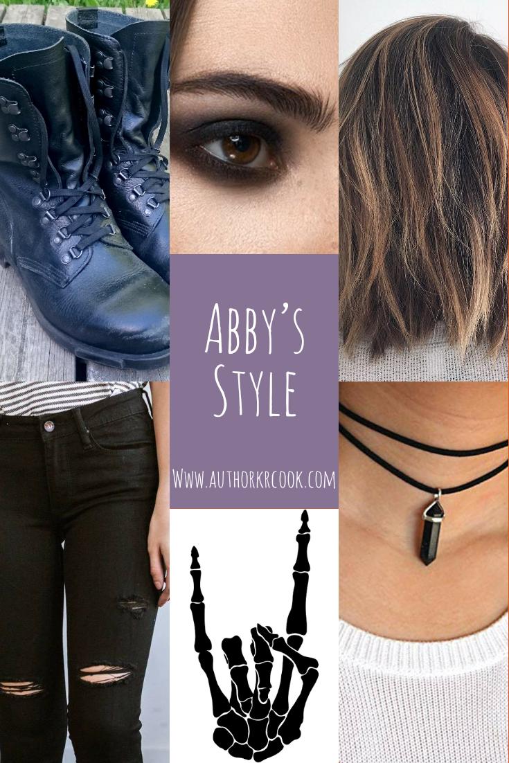 Abby is known for wearing ankle boots or converse, chokers, distressed jeans, darker colored tops and heavy eye makeup. Her taste in music varies from classical to heavy metal.