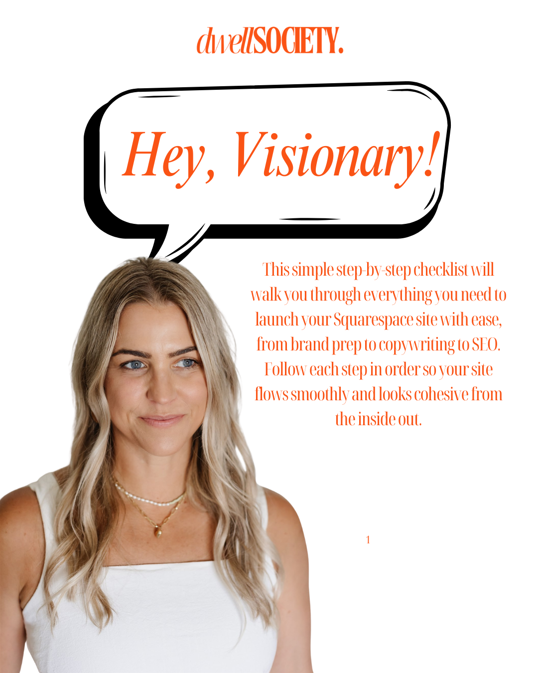 Anna in a white tank top with a text bubble saying "hey visionary!" and reiterating what is said in the landing page