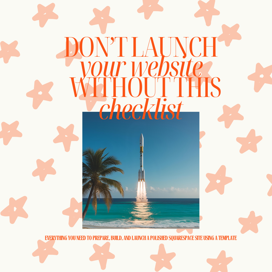 "Don't launch your website without this checklist" written with a rocket blasting off over the ocean with a palm tree in the foreground