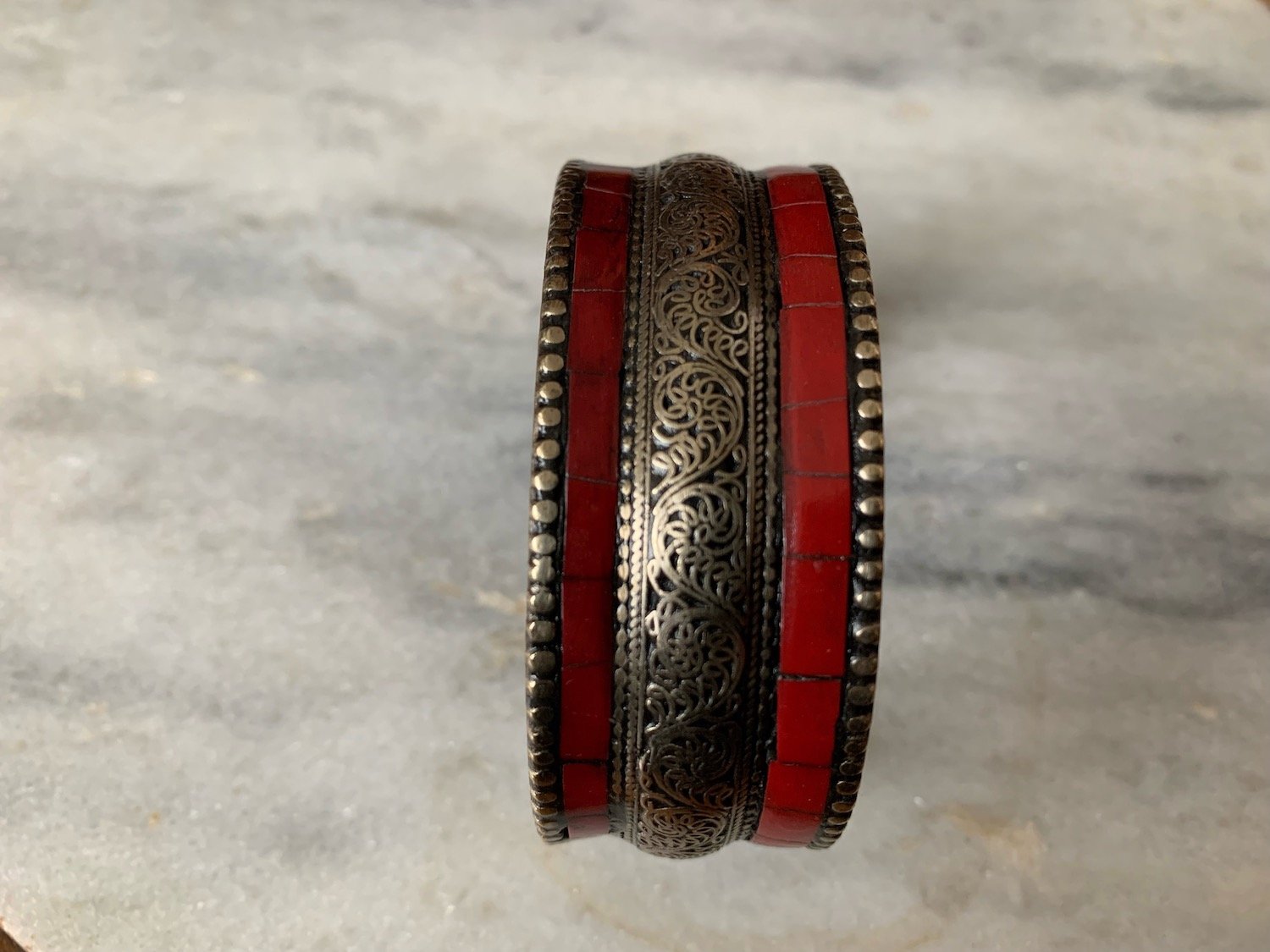 Coral Inlaid Silver Bracelet