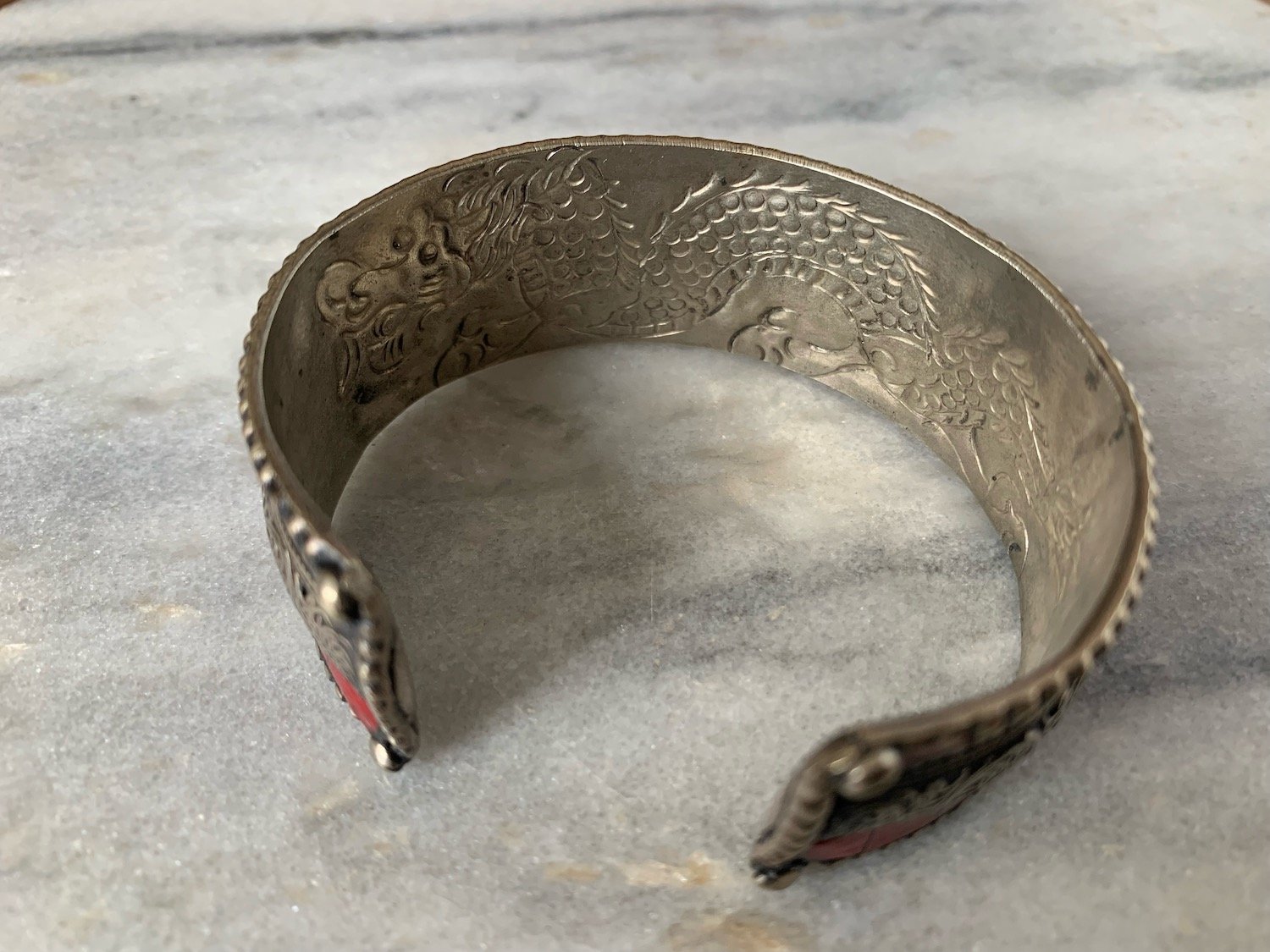 Coral Inlaid Silver Bracelet
