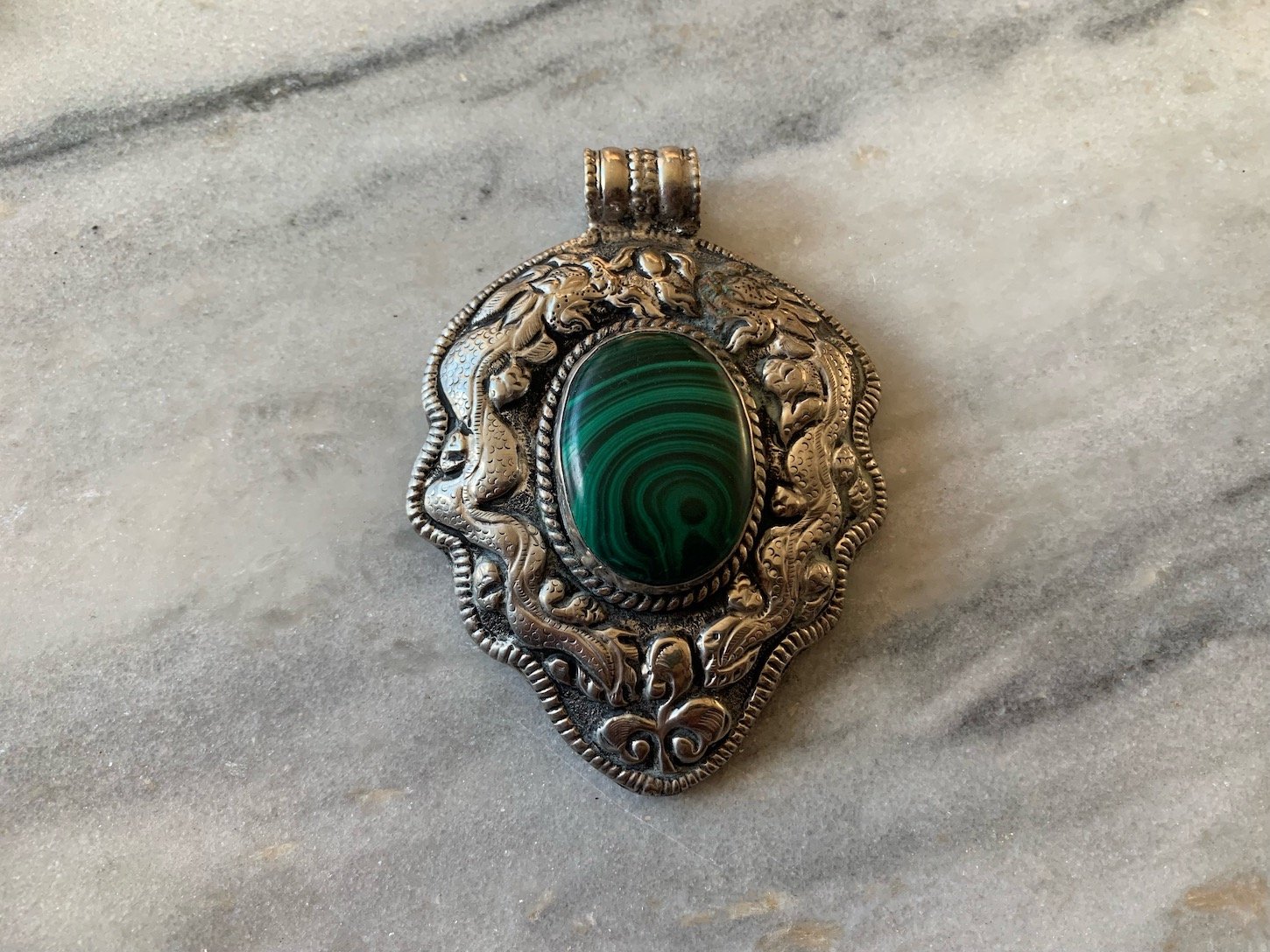 Oval Malachite & Repoussé Silver Pendant