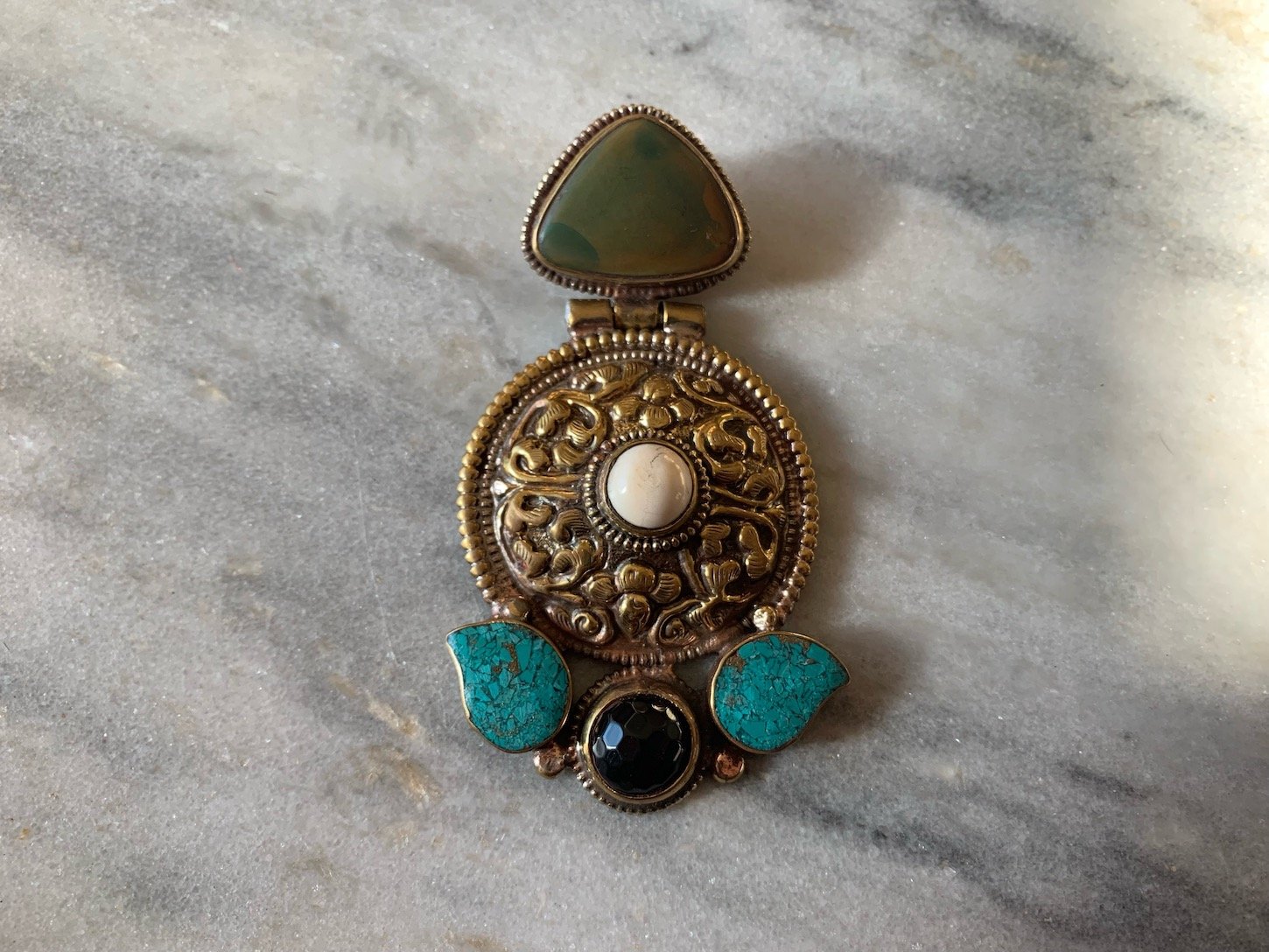 Repoussé Agate and Turquoise Pendant