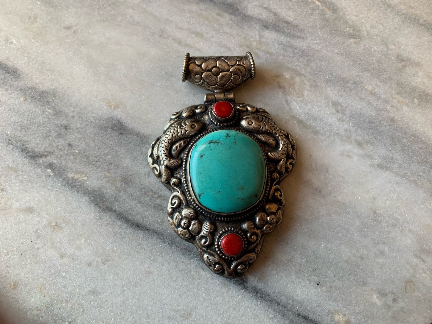Oval Turquoise & Repoussé Pendant Large