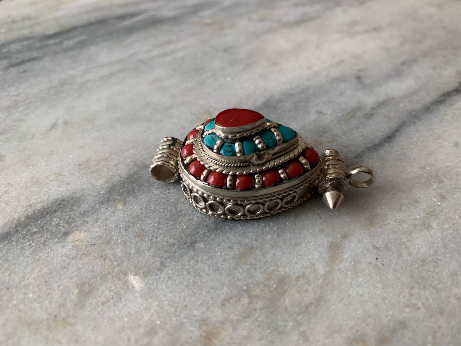 Three Tiered silver, Turquoise and Coral Gau, side
