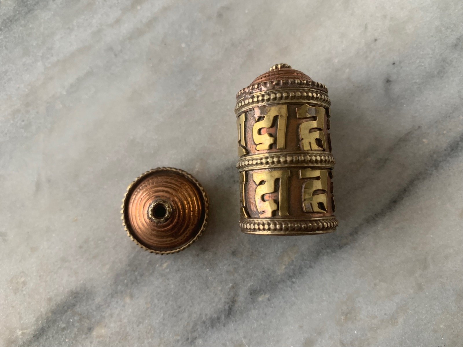 Copper & Brass Om Mani Mantra Cylinder Gau, open