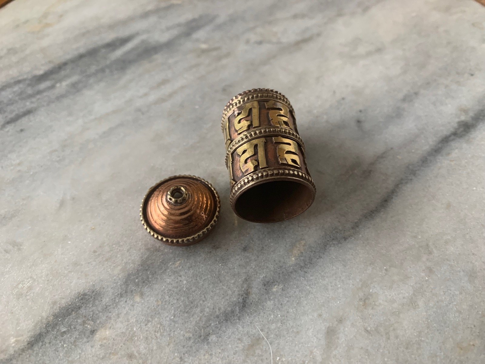 Copper & Brass Om Mani Mantra Cylinder Gau, open