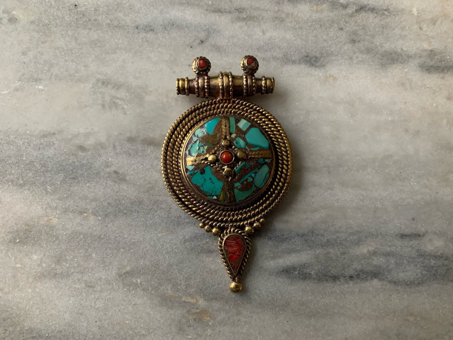 Brass , Turquoise and Coral Pendant