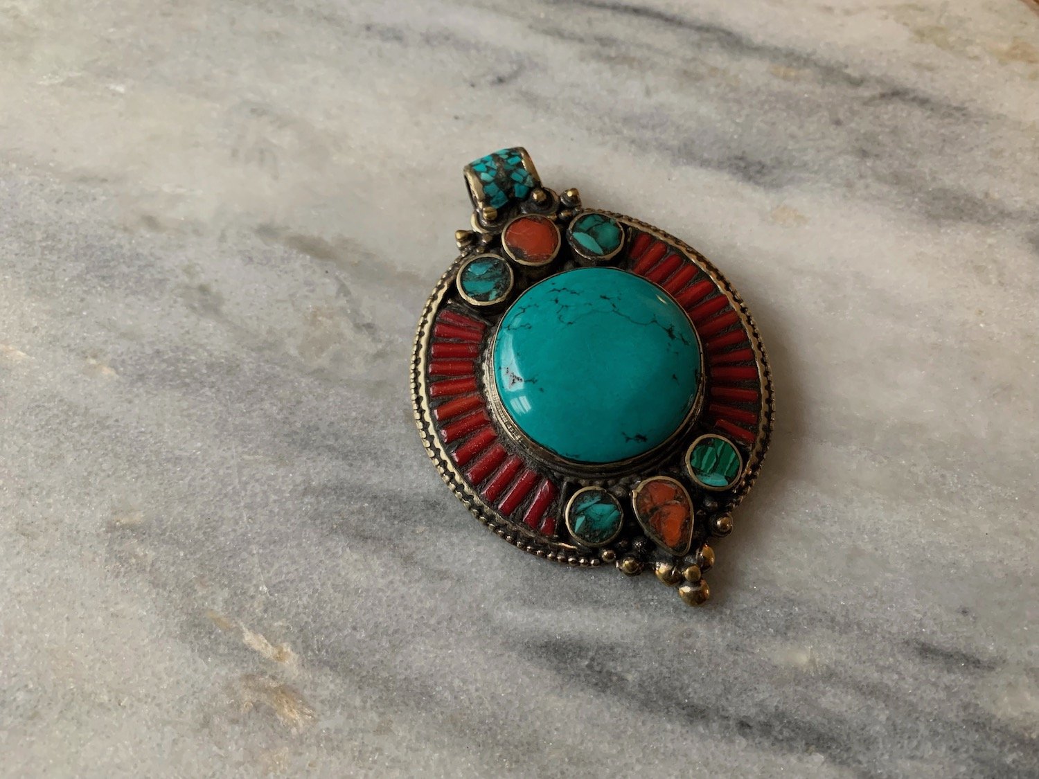 Large Turquoise and Coral Pendant