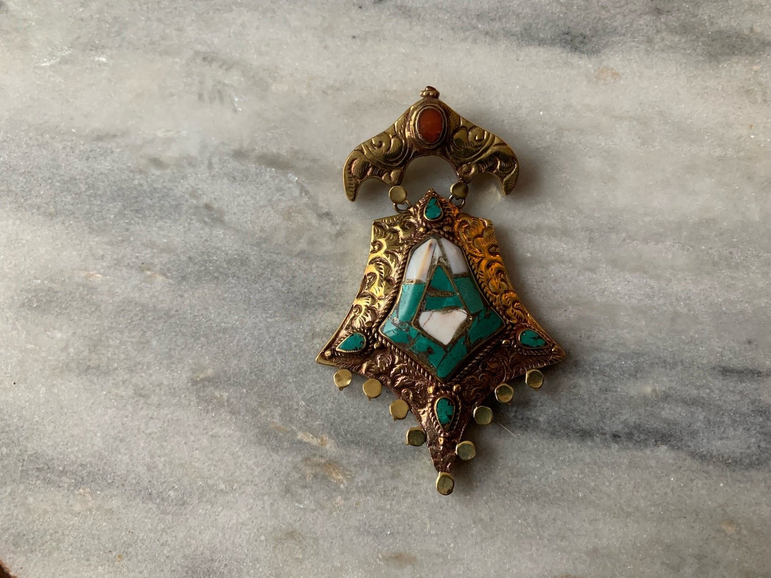 Tibetan Brass and Stones Pendant