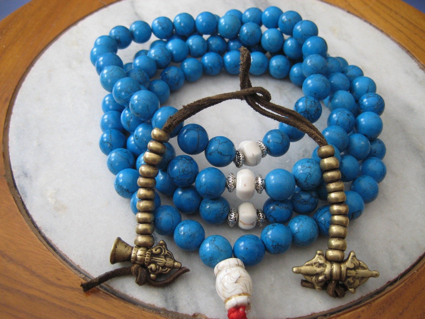 Turquoise Prayer Bead Mala with Conch & Counters