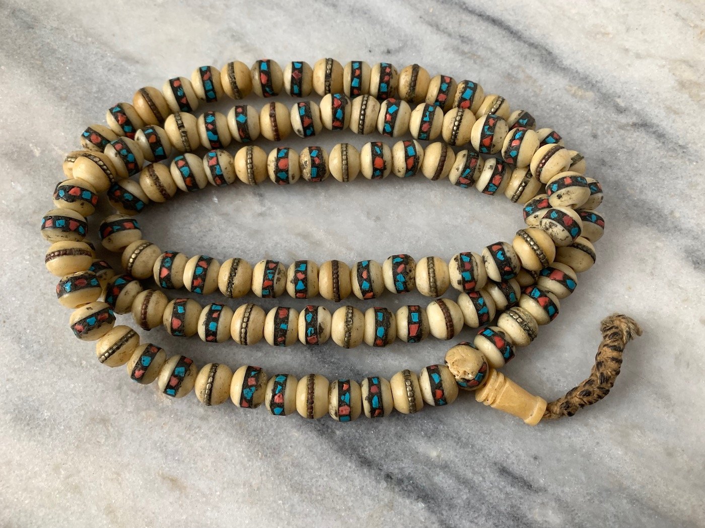 Yak Bone Turquoise and Coral Inlaid Mala