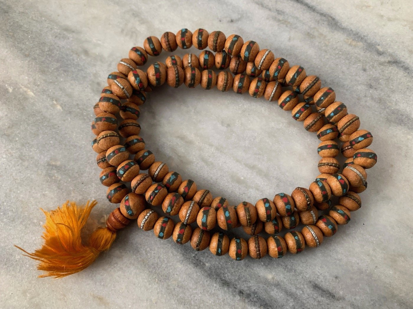 Tibetan wooden mala bead Inlaid with turquoise and coral