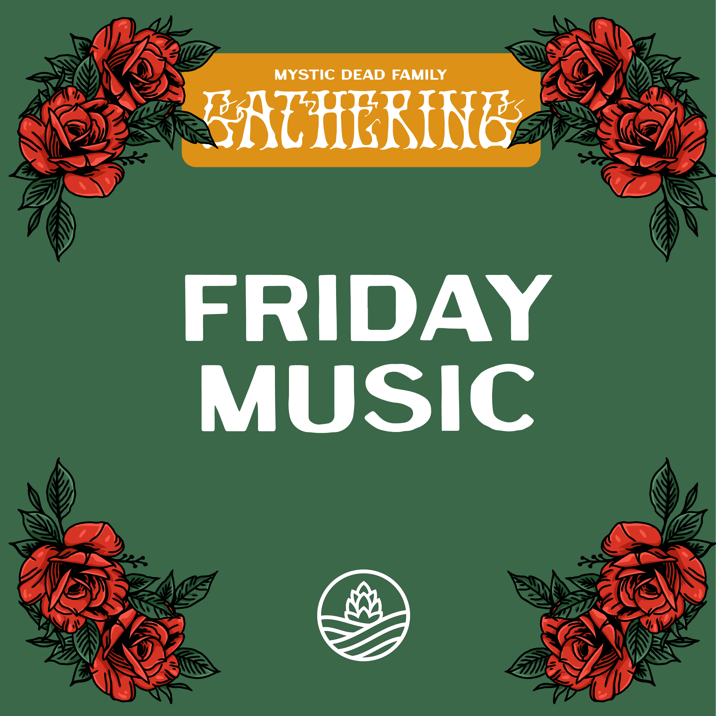 Decorative graphic with red roses and leaves framing a yellow rectangle containing the text 'Mystic Dead Family Battering' and a white circular emblem with waves and a hop cone symbol.