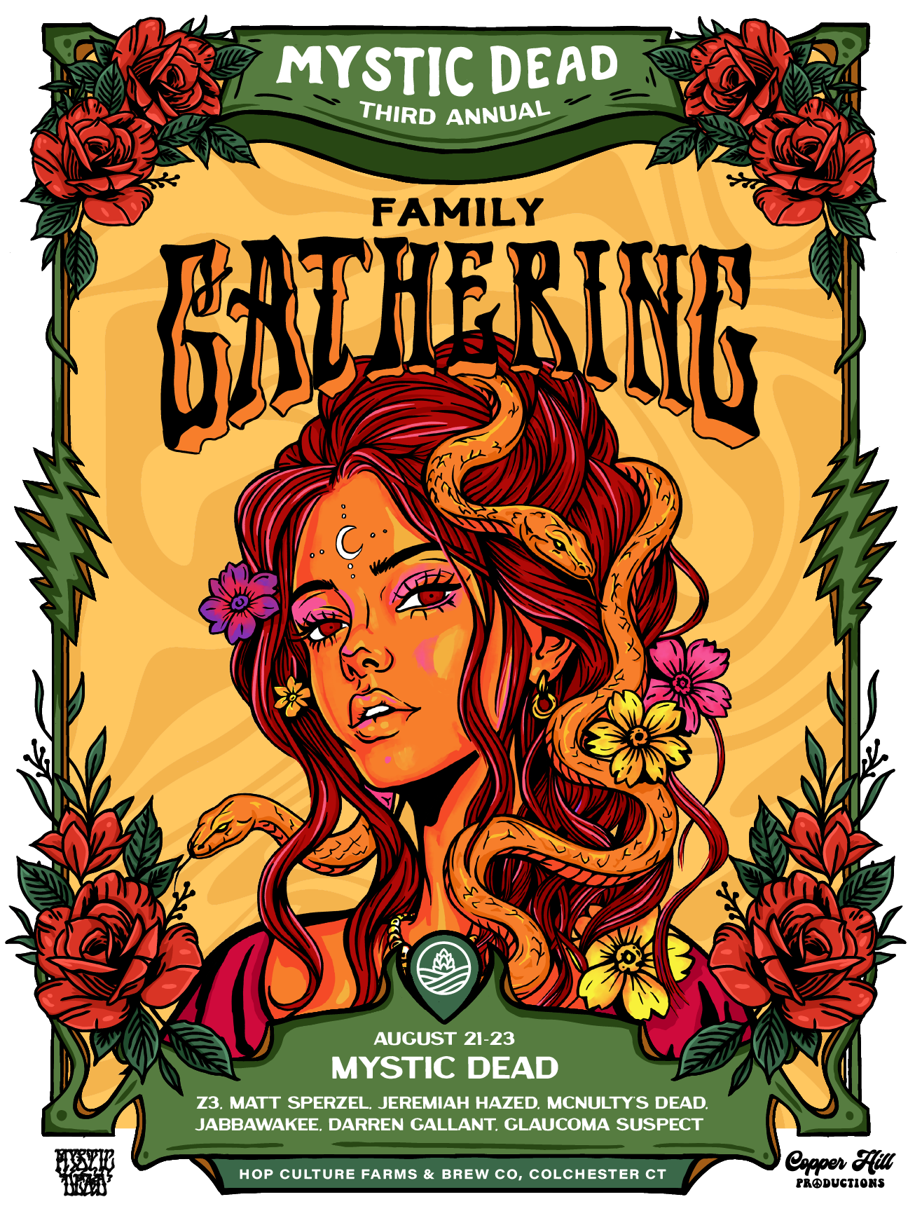 Festival poster for Mystic Dead third annual event featuring a central illustration of a woman with long red hair, flowers, and a snake wrapped around her head. The poster is framed with roses and green decorative elements. The event dates are August 21-23, hosted at Hop Culture Farms & Brew Co in Colchester, CT. The poster also lists band names and supporting acts.