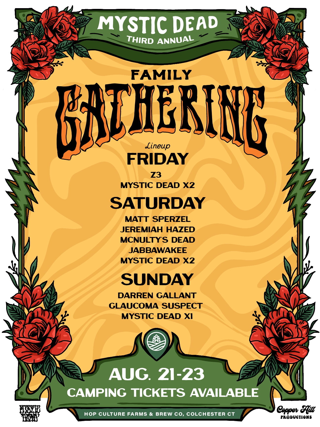 Event poster for the third annual Mystic Dead Family Bash, featuring a floral border with red roses. The event runs from August 21 to 23 at Hop Culture Farms & Brew Co. in Colchester, CT, with camping tickets available. Lineup includes bands on Friday, Saturday, and Sunday, with specific performers listed for each day.