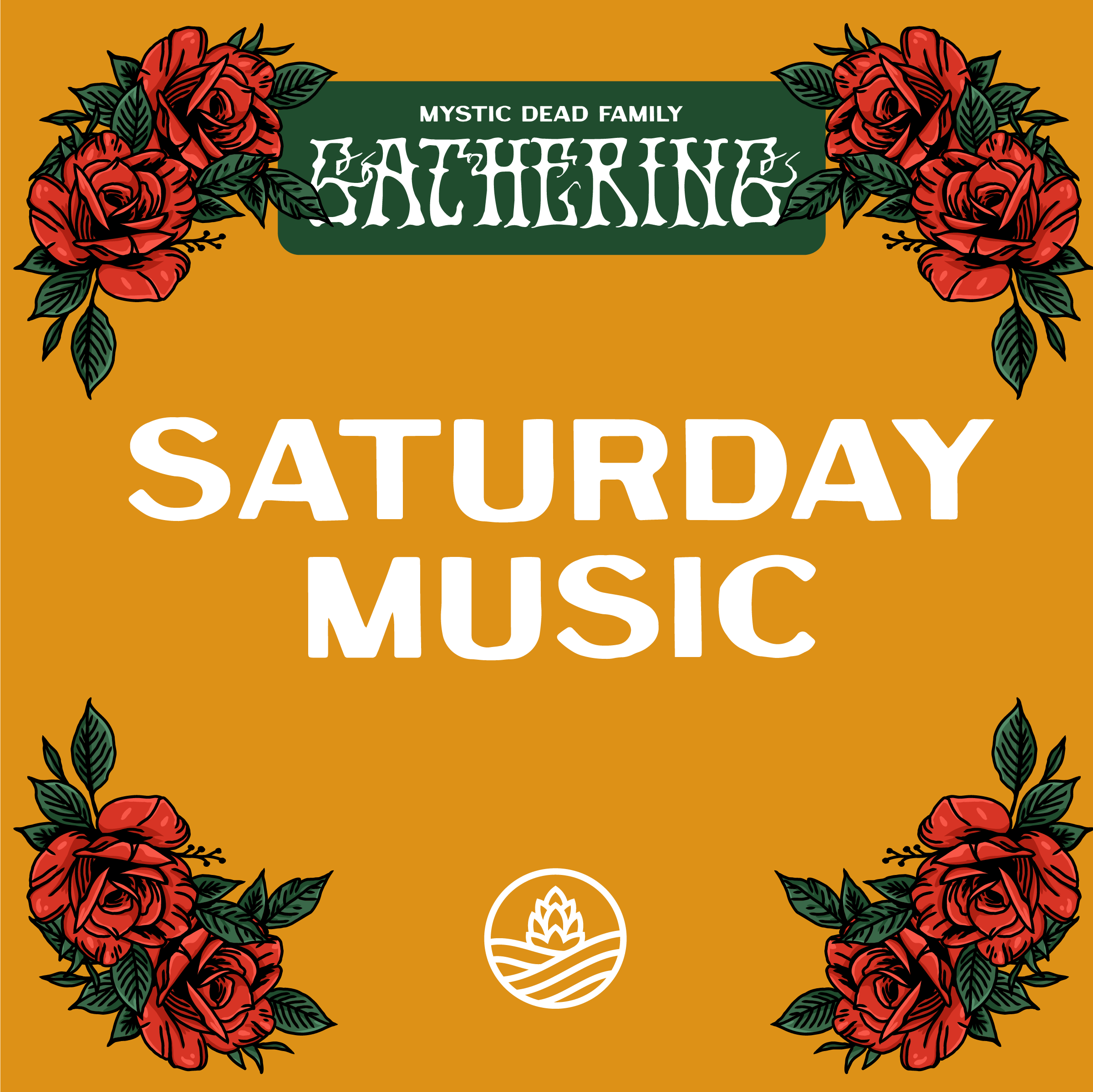 Decorative graphic featuring red roses with green leaves on a gold background, with green and white text about a 'Mystic Dead Family' event or theme, including a white lotus-like symbol at the bottom.