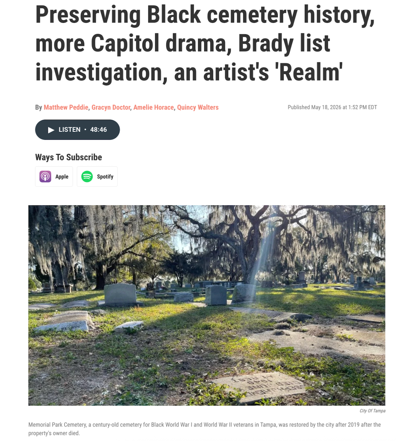 NPR Podcast Interview Segment: "Preserving Black cemetery history" (0:00-12:00)