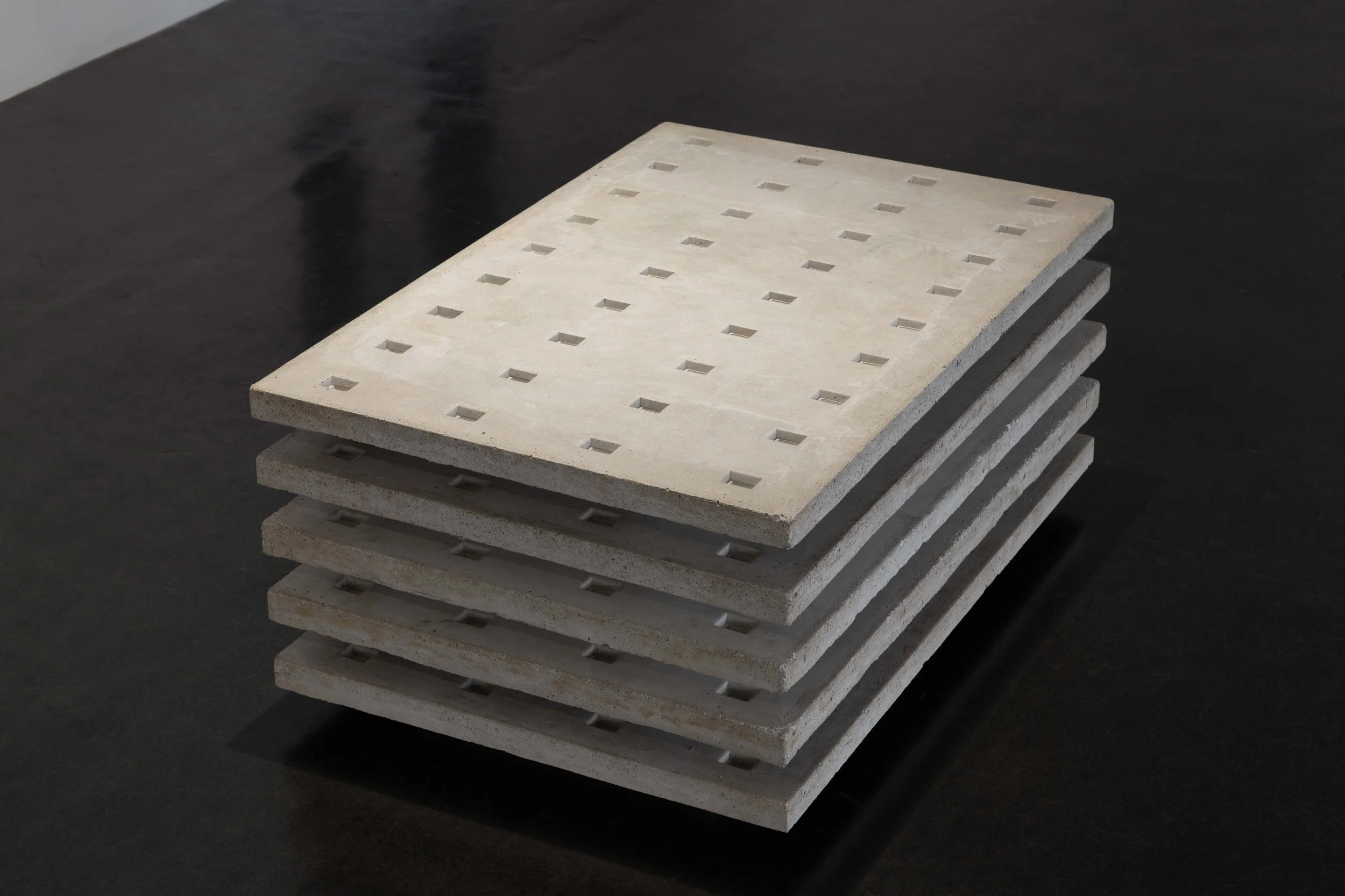 
Untitled (Stack), 2024
5 panels, each 914 x 609 x 35mm 
Acrylic co-polymer, basalt, eggshell (Gallus domesticus), granite sand, gravel, limewash, mortar sand, oyster shell (Crassostrea angulata), plasticiser, recycled glass, shingle (from various un