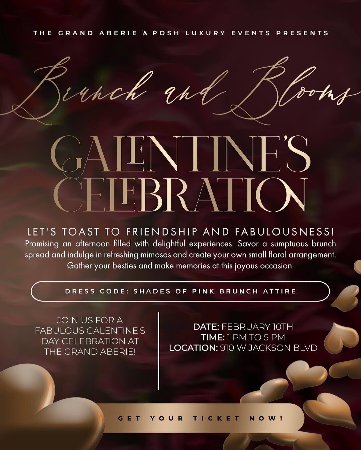 Galentine&rsquo;s Day at The Grand Aberie! Dress in Shades of Pink and join @poshluxuryevents and @thegrandaberie for &lsquo;Brunch and Blooms on Feb 10, from 1-5 PM. Savor brunch, sip mimosas, vibe to music, create a small floral arrangement and so 