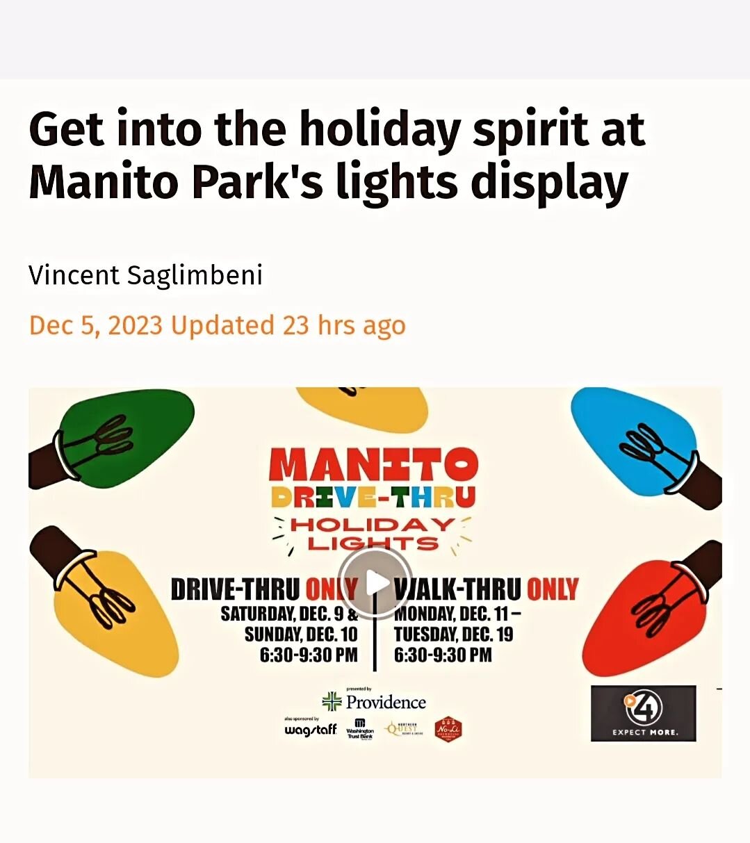 Thank you @4newsnow for highlighting this wonderful Holiday Lights Event @ Manito Park by @thefriendsofmanito . We're excited to be there again this season serving #hotcocoa &amp; #goodcoffeedoinggood☕ ! 
For this article see: 
https://www.kxly.com/l