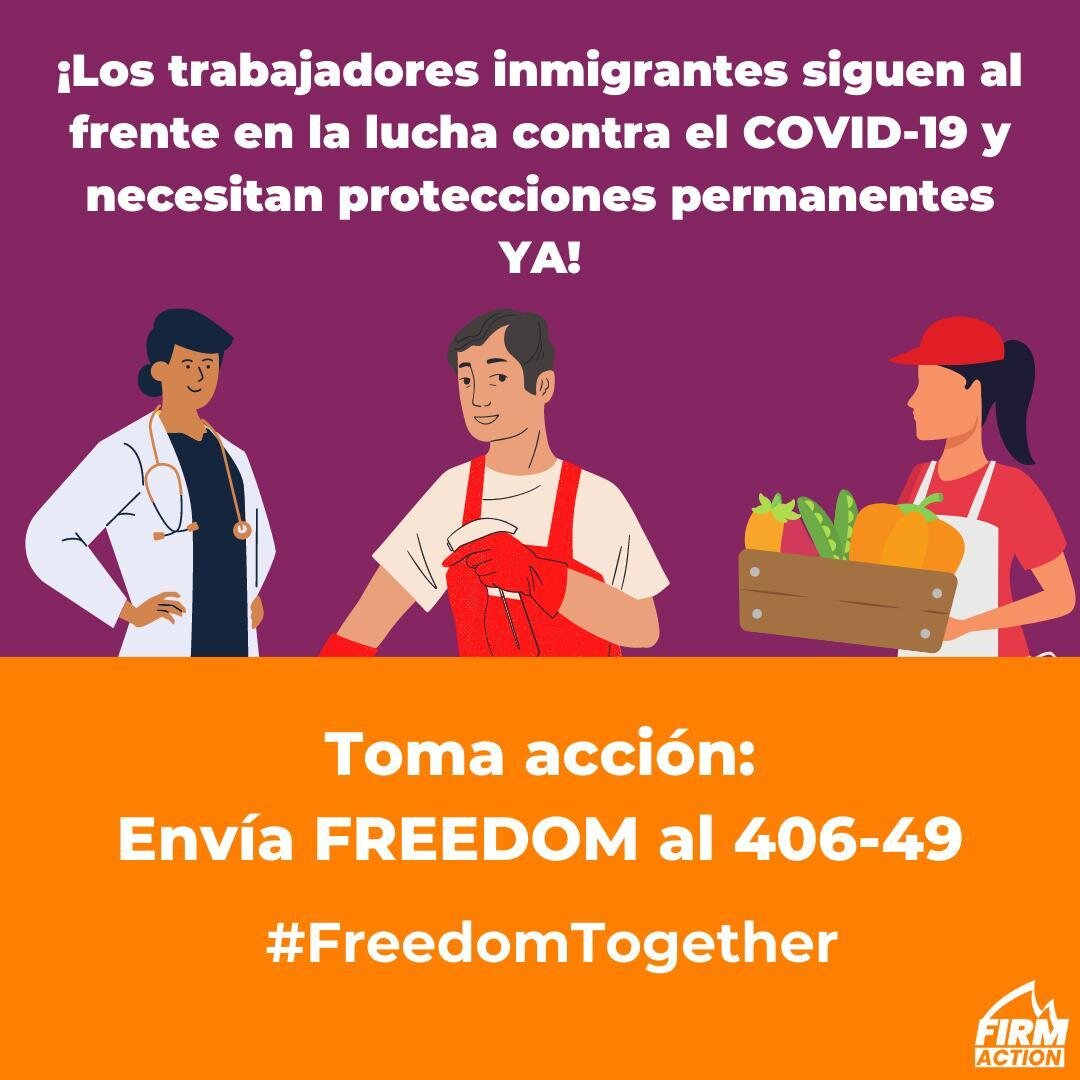 Ya es hora de actuar y brindar un alivio econ&oacute;mico a TODAS las familias, independientemente de su estado migratorio, para que puedan sobrevivir esta pandemia. #FreedomTogether
 
&Uacute;nete a nuestro movimiento por protecciones para todos env