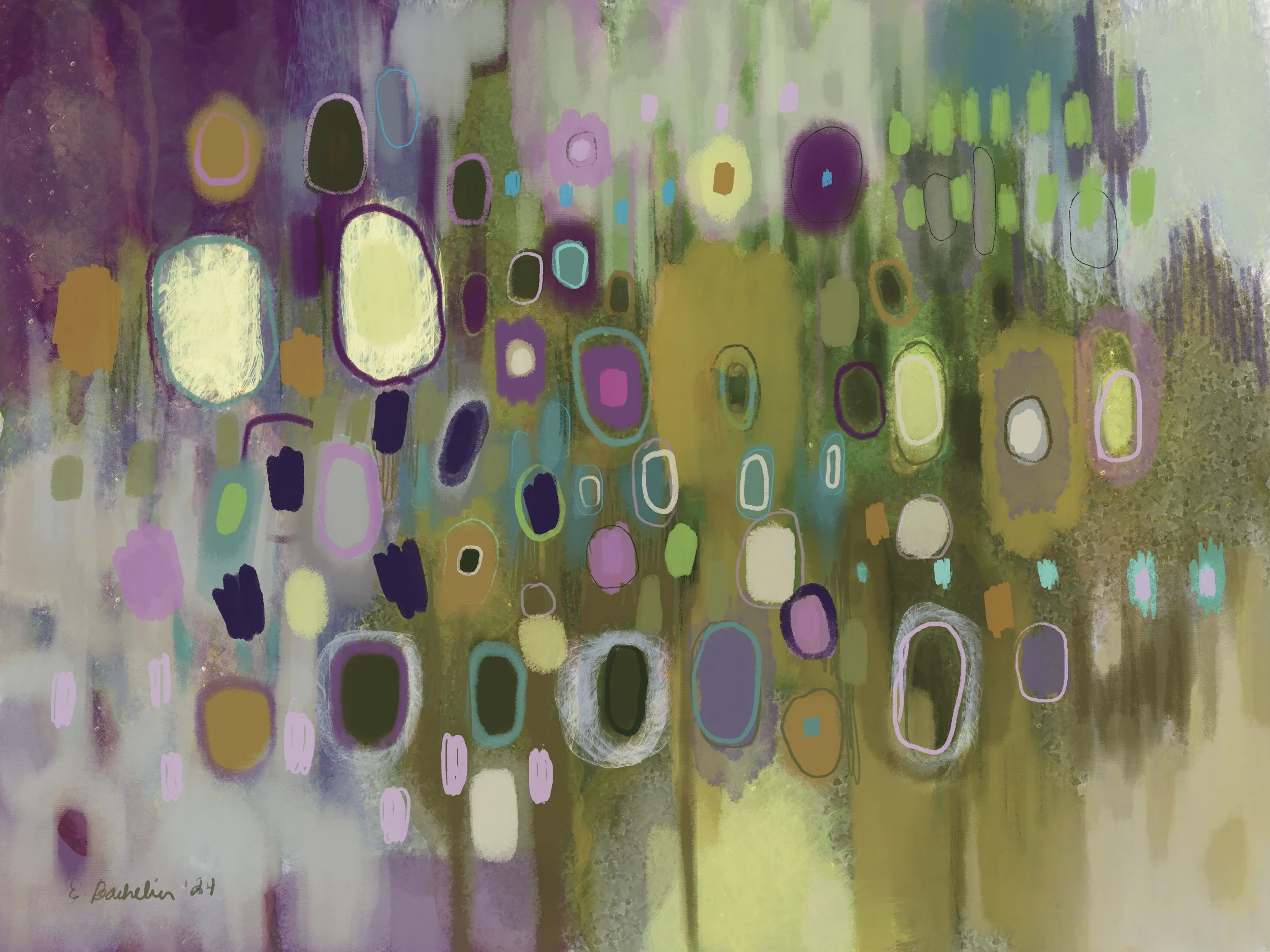 Green Grass and Purple Pansies Print