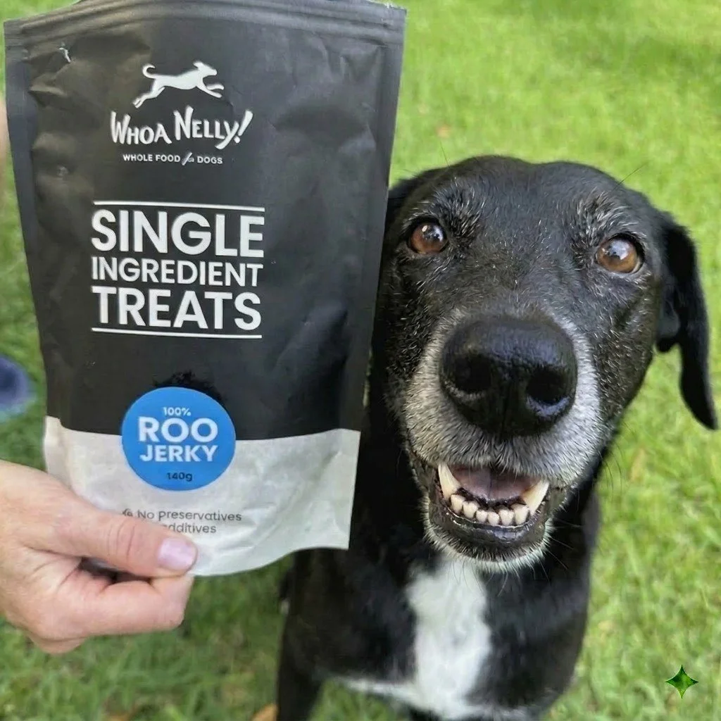 Roo Jerky is back on the menu! 🦘

Just the one ingredient - kangaroo - simply air dried. That's it! No preservatives, no additives, nothing weird.

It&rsquo;s nice and crunchy. Makes for a great everyday snack or a high value training treat.

Nelly 