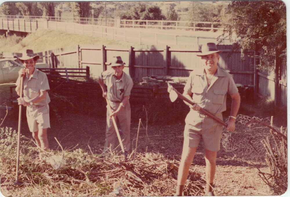 'Ray Groves, Andy Lantry and Keith Coby working with mattocks probably near the Long Bridge, April 1977.'