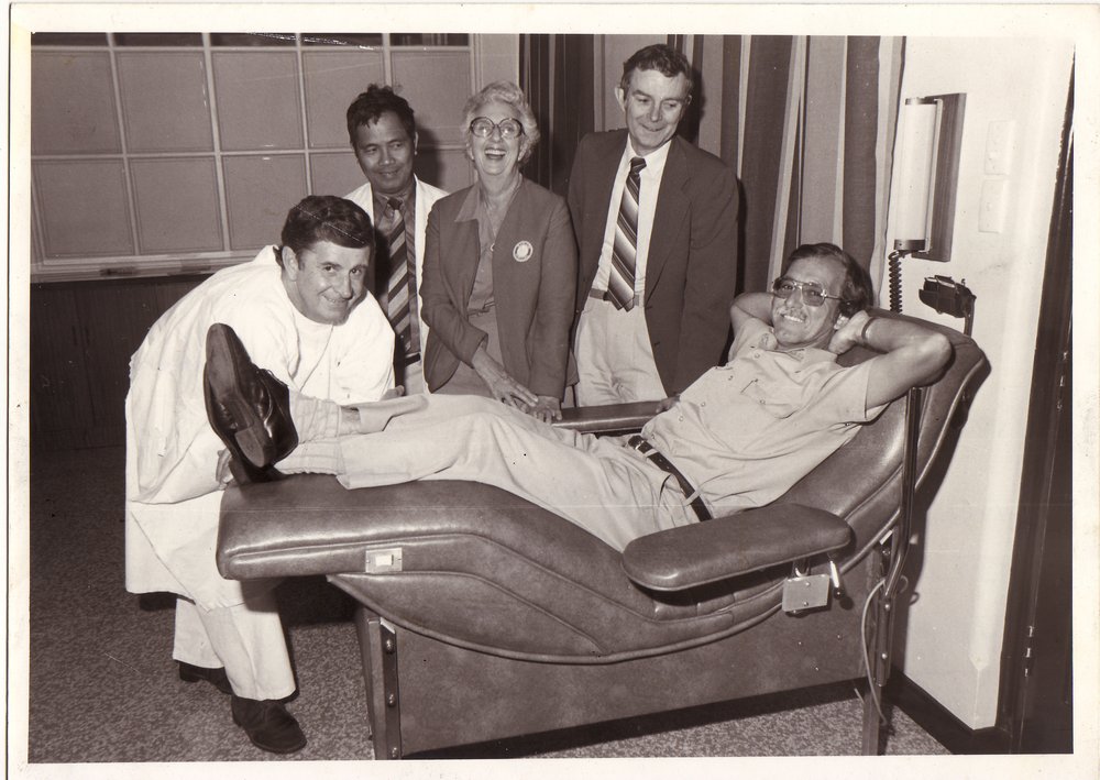 Testing blood donor chairs, 1982.