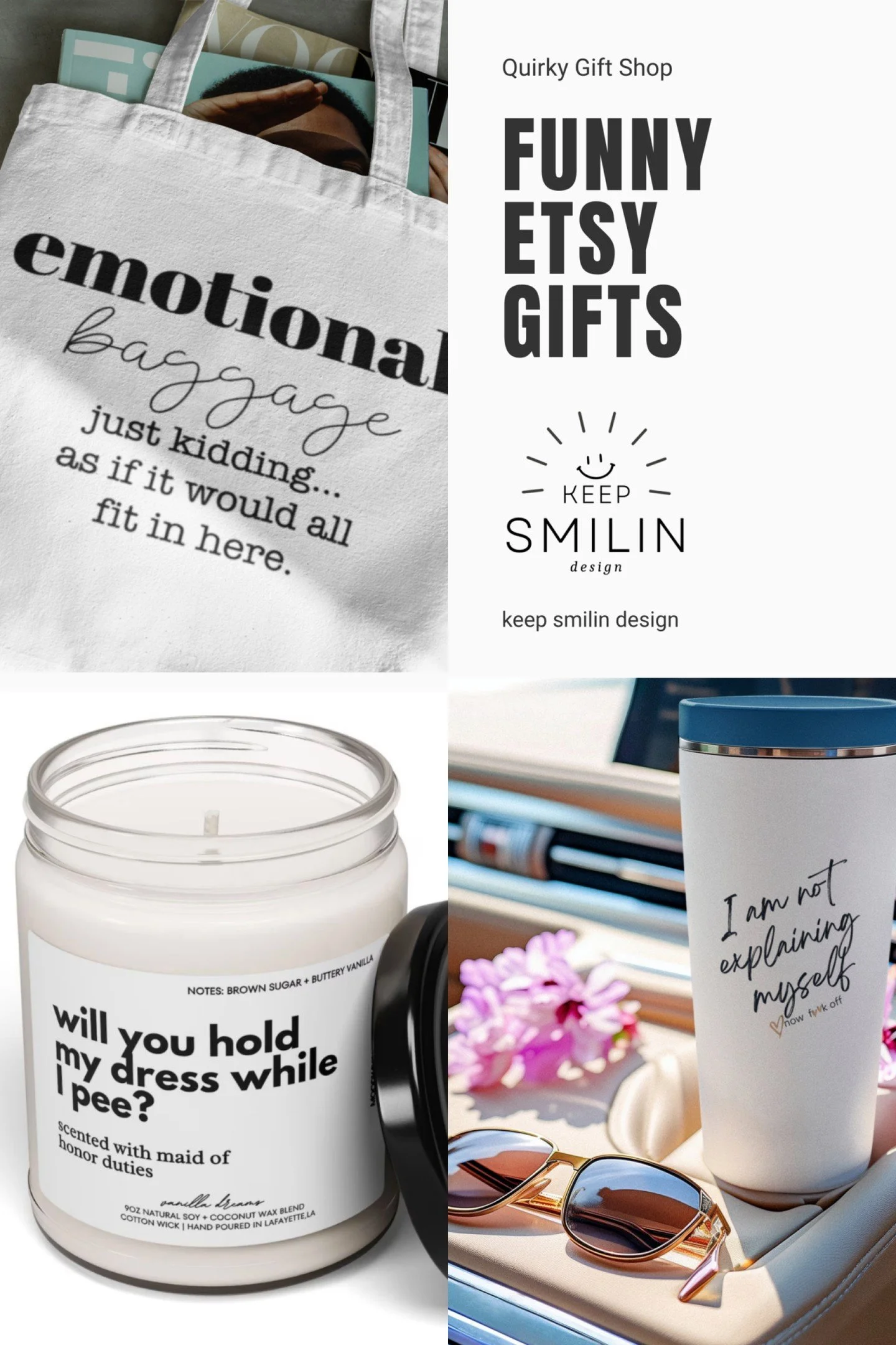 Looking for funny Etsy gifts with personality? This collection from Keep Smilin Design is packed with quirky, giftable finds that are cute, cheeky, and anything but boring. From sarcastic tumblers and funny candles to tote bags with attitude, these g