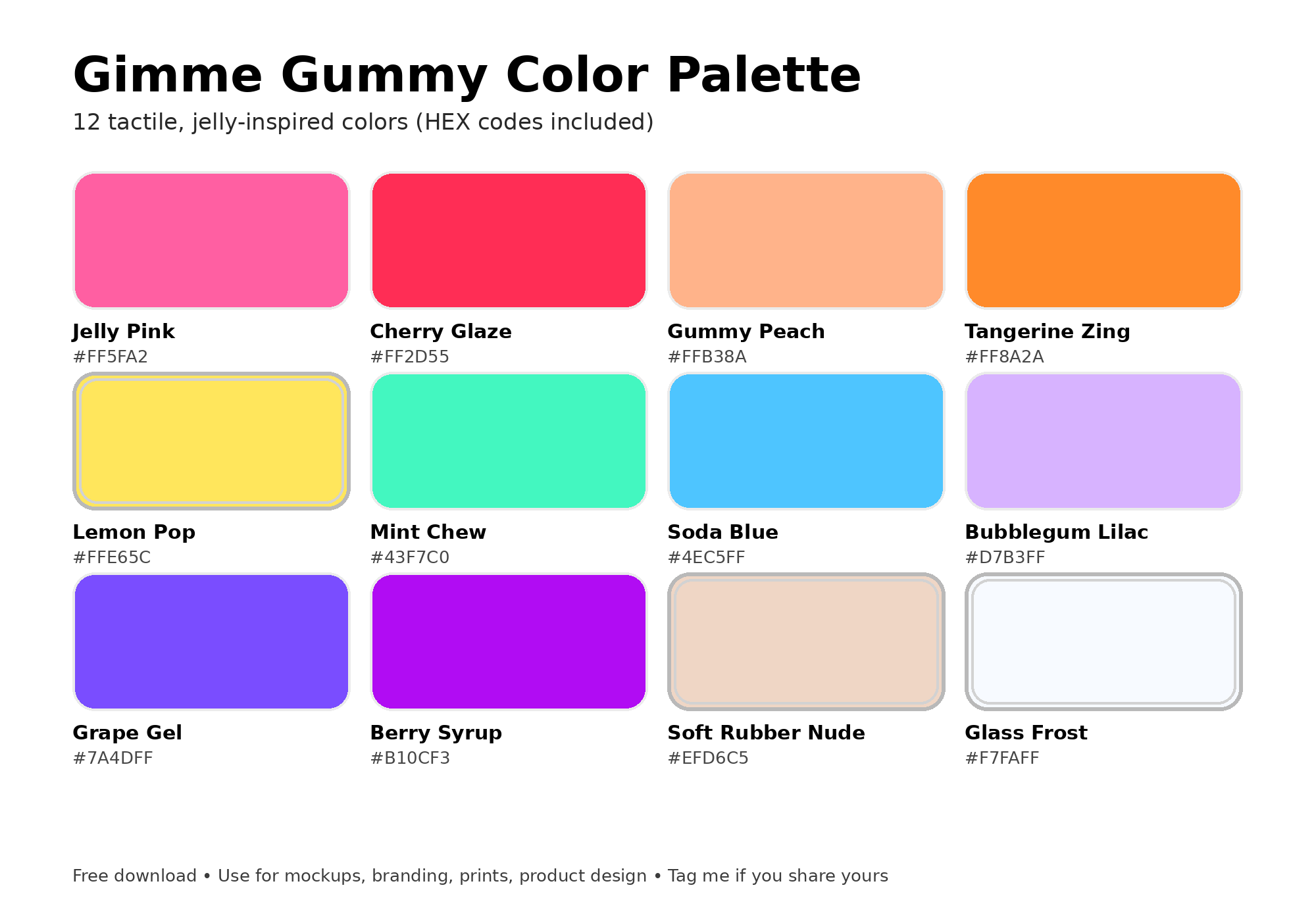 Gimme Gummy Color Palette with 12 jelly-inspired colors: Jelly Pink, Cherry Glaze, Gummy Peach, Tangerine Zing, Lemon Pop, Mint Chew, Soda Blue, Bubblegum Lilac, Grape Gel, Berry Syrup, Soft Rubber Nude, Glass Frost, each with hex color codes.