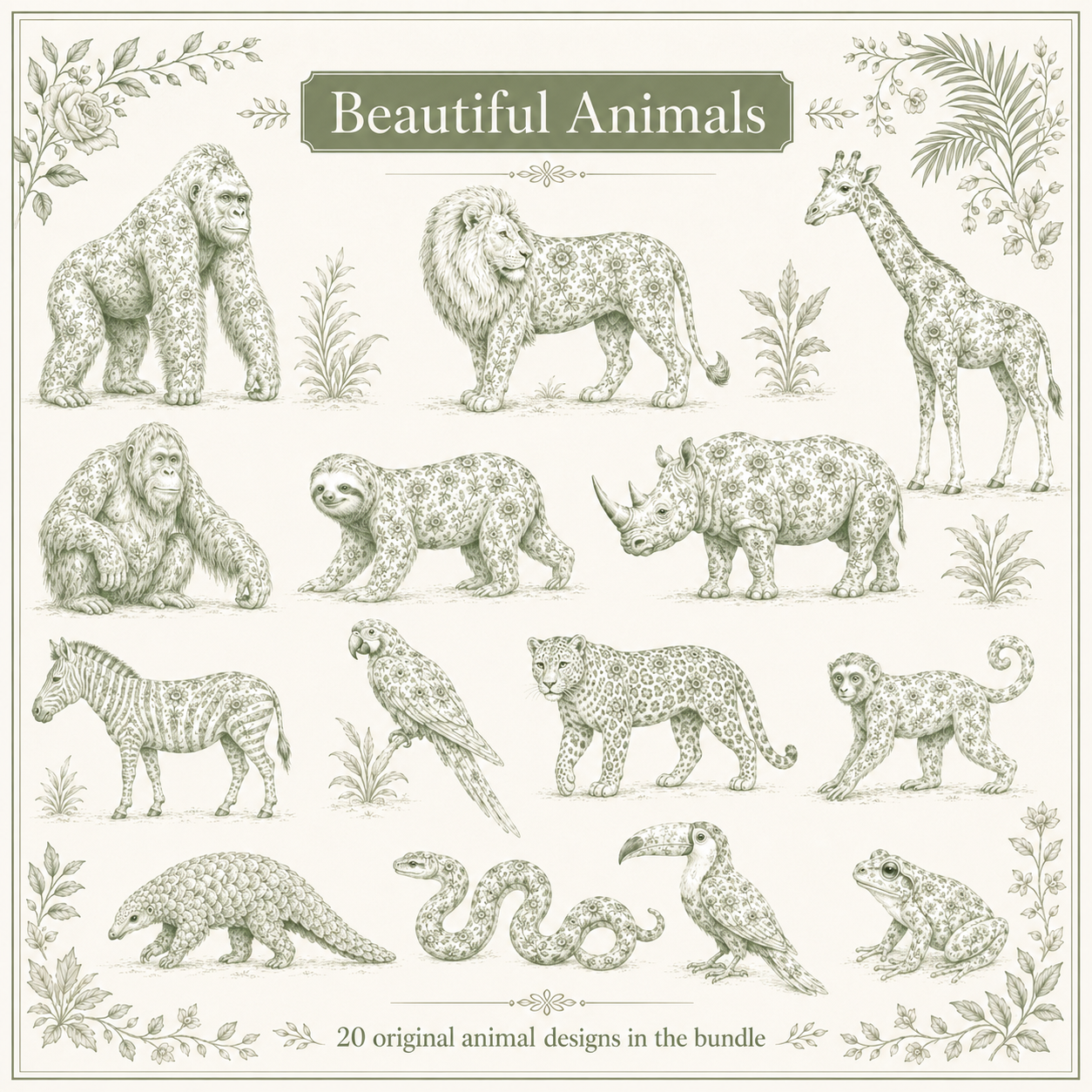 Sage Green Animal Toile Digital Art Bundle2.png