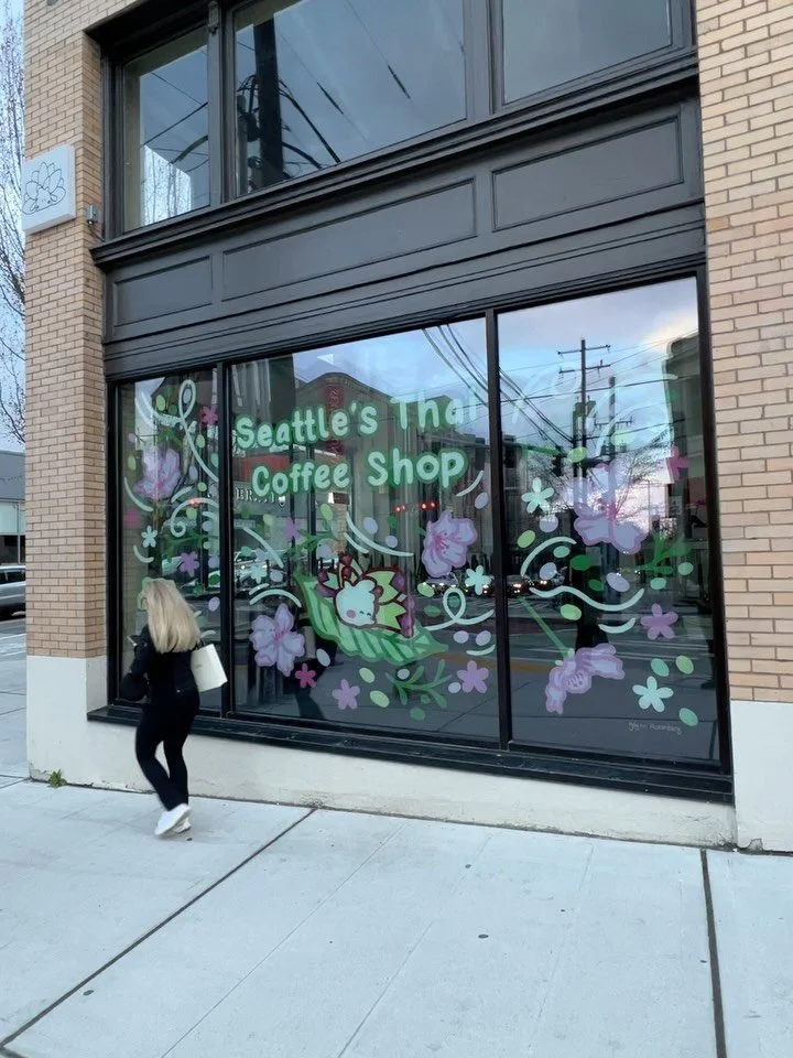 Seasonal window painting for @nudibranchcoffee 

Window painting is a new tool in my kit and I would love to do more! It&rsquo;s been really cool to see how people interact with the art and how useful it is to draw attention to the business.

Continu