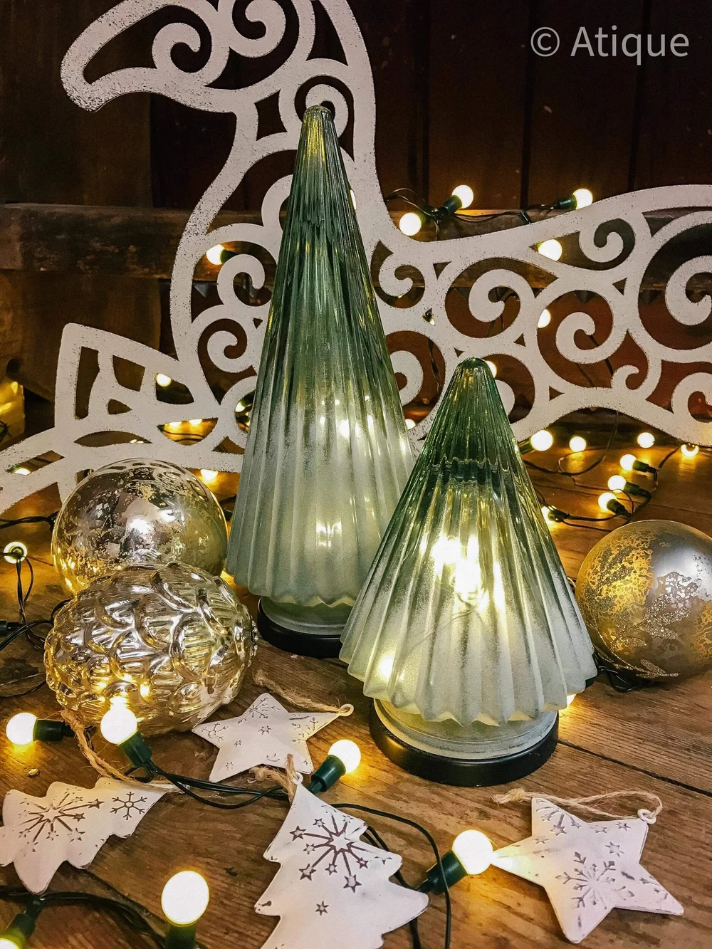 Green Frosted Glass LED Christmas Tree Ornament large Atique