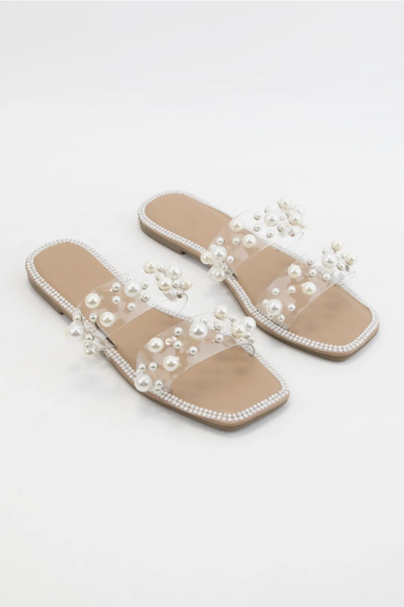 Flat Zara White Slides FLAT SANDALS WITH PEARLESCENT PIECES Off