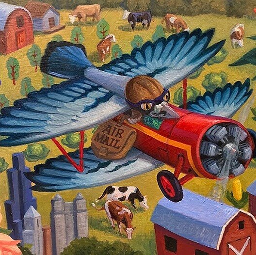 Air Mail. An early bi-plane. Progress, getting close. #airmail, #postalservice, #bi-plane, #pigeon, #greatplains, #cows, #barns, #specialdeliverypostcards, #childrensbookillustrations, #artforkids, #illustrations