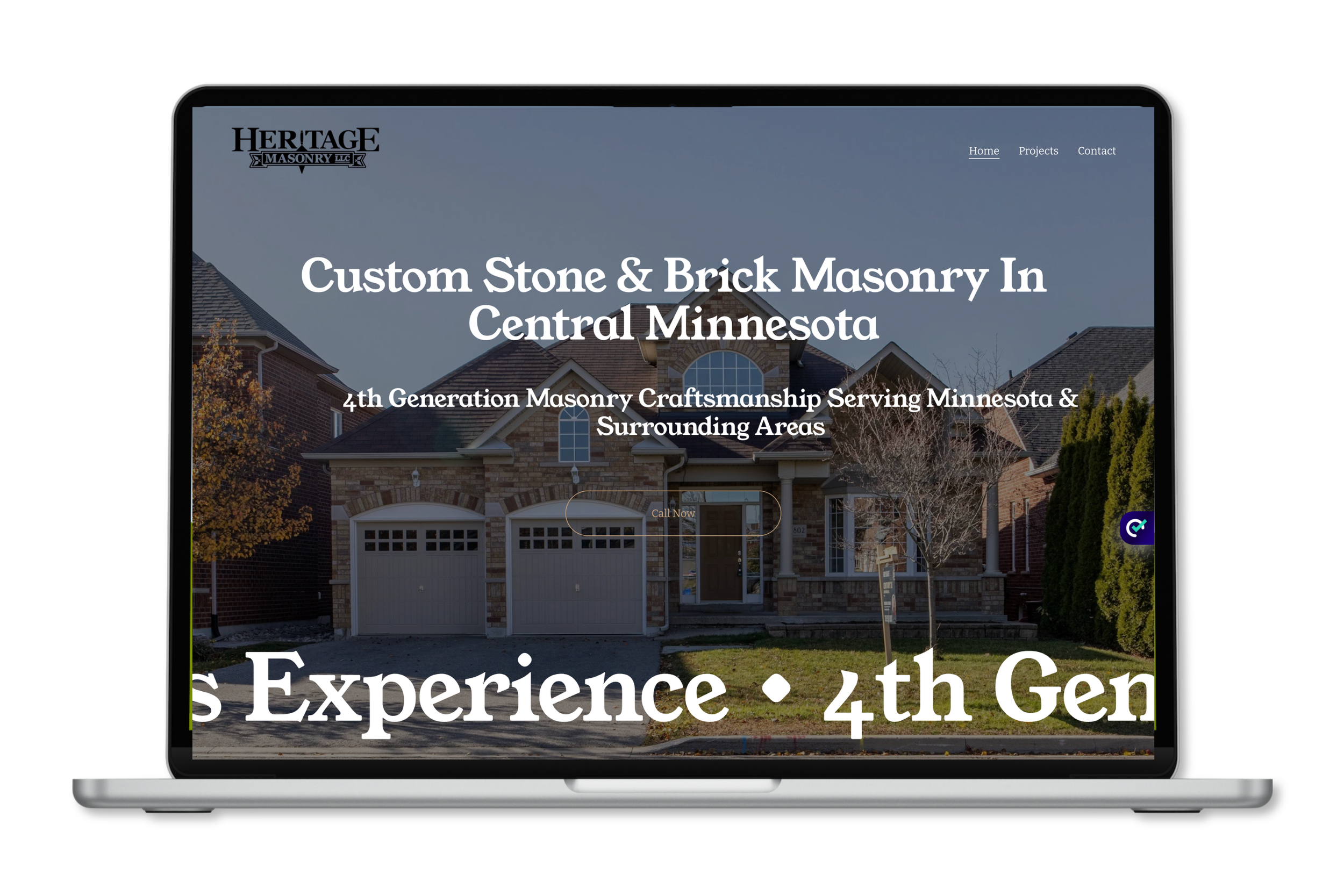 Screenshot of a website for Heritage Masonry LLC featuring a house with brick and stone exterior and a navigation menu at the top.